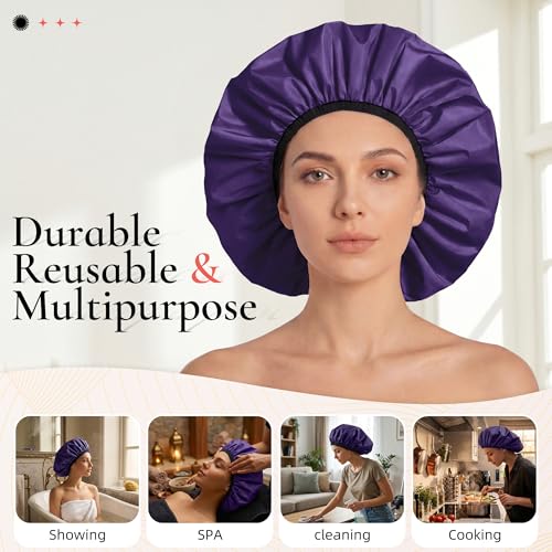 Extra Large Shower Cap for Women, Reusable Waterproof Shower Bonnet with Satin Lining, Double Layer Washable Bath Hair Cap for Braids, Locs, Long Thick Curly Hair, Natural Hair(Big Dark Purple) - color: Dark Purple