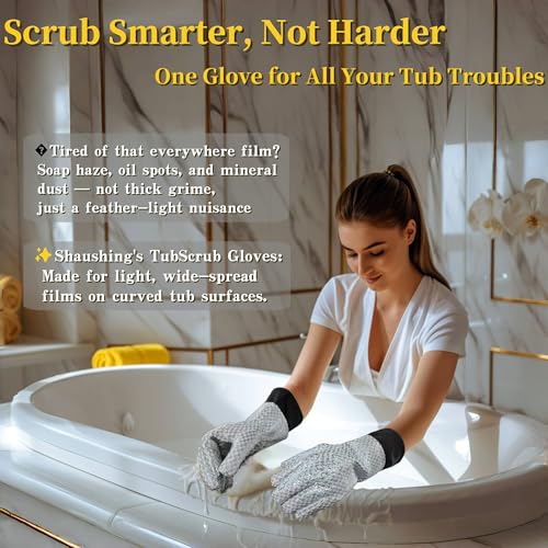 Gentle Non-Scratch Bathtub Cleaning Brush Glove | Hot Tub Scrubbing Mitt for Fiberglass, Acrylic & Porcelain | Fabric Mesh Fast-Cleaning Tool, Bathroom Tub Brush