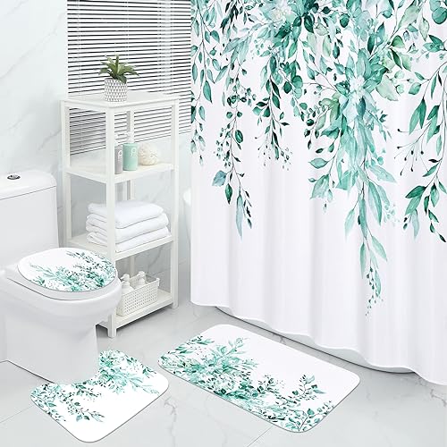 MitoVilla 4 Pcs Teal Blue Eucalyptus Bathroom Sets with Shower Curtain and Rugs, Plant Leaves Shower Curtain Sets for Chic Bathroom Decor, Bathroom Decor Curtain Sets with Mats and Accessories - color: Teal