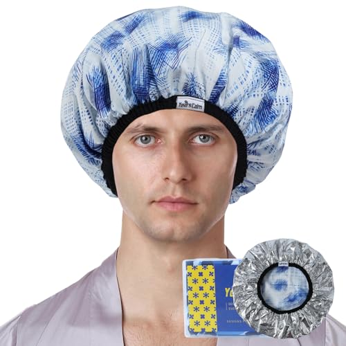 Years calm Shower Cap for Men, Waterproof & Heat-Retaining Hair Treatment Cap – Reusable Men’s Shower Cap with Foil Lining, Elastic Band, for Steam Care, Hair Mask & Oil Conditioning - color: White