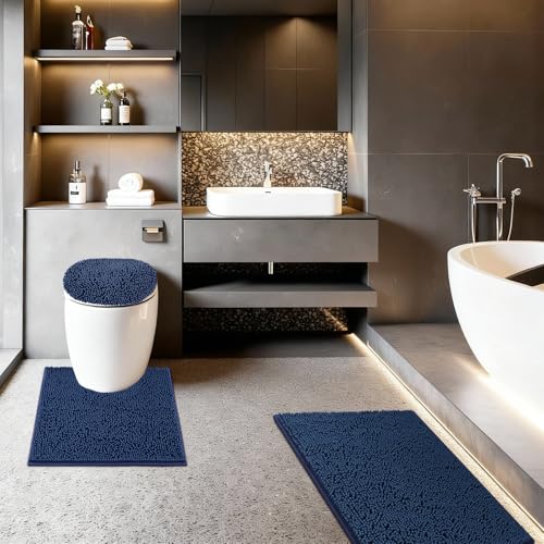 Bathroom Rugs Sets 3 Piece with Adjustable Toilet Seat Cover 19.5"x 18.5" Machine Washable Bath Rug Set with TPR Non Slip Rubber Backing Solid Bath Mat Set for Luxury Bathroom Decoration - color: Blue