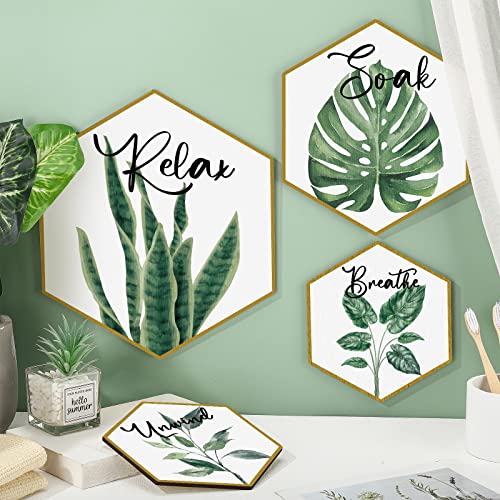 Hoteam Set of 4 Green Eucalyptus Bathroom Decor Botanical Wall Art Green and Gold Bathroom Decor Wall Art Relax Soak Unwind Breathe Paintings