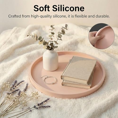 Round Pink Silicone Decorative Bathroom Vanity Tray 9 Inch, Counter Tray for Bathroom Countertop Perfume Holder Dresser Organizer Coffee Table Candle, Non-Slip Durable for Home Use - color: Pink, size: 9.1"