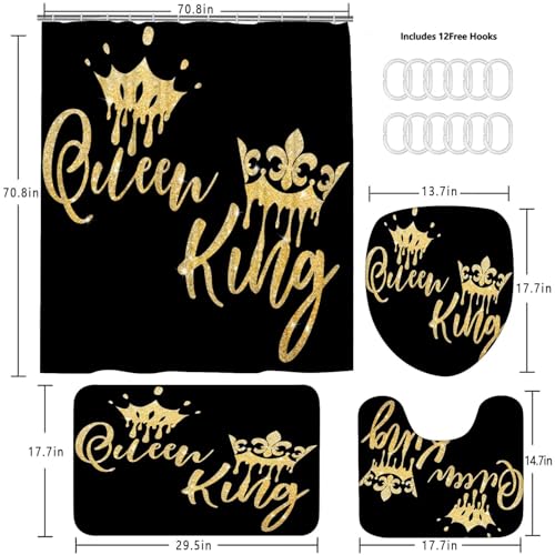 AZHM Queen and King Shower Curtain Set for Bathroom 4 Pcs Black Bathroom Accessory Decor Sets with Shower Curtain and Rugs - color: Black Gold