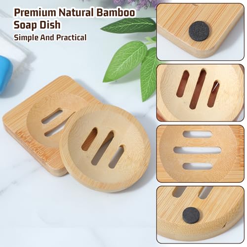 Ymapinc 2-Pack Bamboo Soap Holder, Round+Square for Home Shower Bathroom | Natural Bamboo Soap Dish & Shower Steamer Holder, Wood Tray