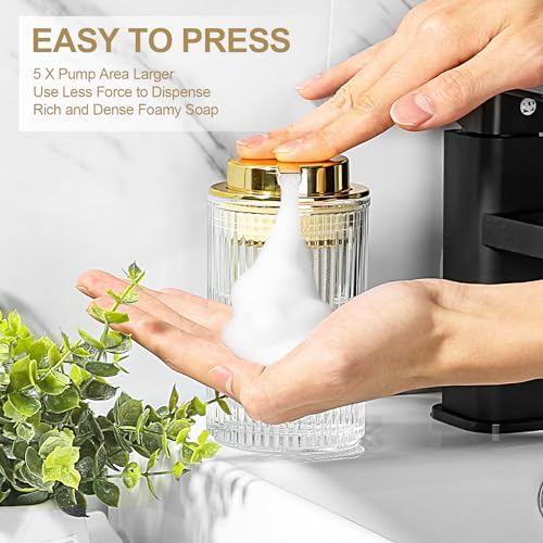 KASUNTING Foaming Soap Dispenser, 2 Pack Clear Glass Foam Hand Soap Dispenser for Bathroom & Kitchen, Refillable Foaming Pump Bottle with Gold Pump, Modern Ribbed Dish Soap Foam Dispenser with 4 Straw - color: Clear Bottle+ Gold Pump, size: Foam-2 Pack