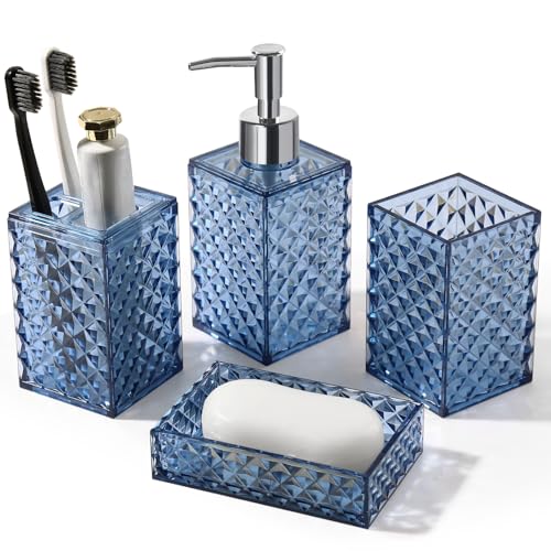 RYTOXILO Bathroom Accessories Set, 4 Pack Blue Acrylic Bath Accessory Sets Complete, Diamond Soap Dispenser and Toothbrush Holder Bathroom Counter Sink Set, Boho Modern Bathroom Decor - color: Blue