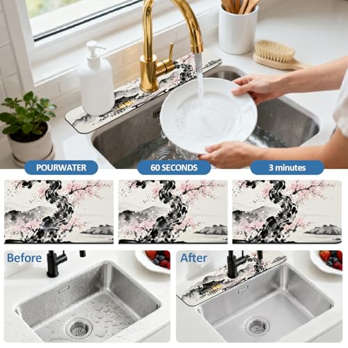 2 Pcs Kitchen Sink Splash Guard Faucet Mat Chinese Style Faucet Mat for Sinks Ink Painting Absorbing Drying Mats for Kitchen Bathroom, 23.6x5.5inch - color: Chinese Style Ink Painting