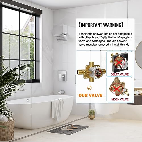 Esnbia Shower Tub Kit, Tub and Shower Faucet Set（Valve Included) with 6-Inch Rain Shower Head and Tub Spout, Single-Handle Tub and Shower Trim Kit,Brushed Nickel - color: Brushed Nickel, style: with tub spout