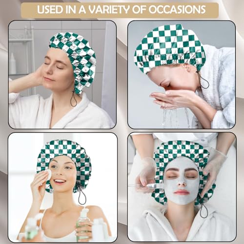 2 PCS Shower Cap Adjustable Reusable Double Waterproof Layer Elastic Hair Bath Cap Cute Aesthetic for Women Girls-Checkered - color: I2-Checkered