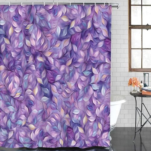 ArtSocket Purple Plant Leaves Bathroom Set with Shower Curtain and Bath Rugs and Accessories,Oil Painting Art Non-Slip Shower Curtain Set,Bathroom Decor 3 Pcs - color: Purple Plant Leaves