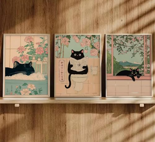 3Pcs Funny Bathroom Cat Wall Art Japanese Funny Black Cat in Bathtub Pictures Wall Decor Paintings Bathroom Animal Aesthetic Posters Prints Artwork for Bedroom Restroom Spa Room Home Decoration - color: Funny Cat, size: 10L" x 8W"Poster