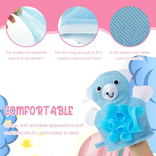 Cute Bath Gloves Loofah - 2 PCS Kids Animal Bath Gloves Body Scrubber, Double-Side Exfoliating Shower Sponges, Washcloths Mitts for Gentle Soft and Easy to Lather (Bear Frog)