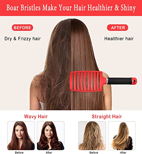 KTKUDY Detangling Brush Boar Bristles Hair Brush Make Hair Shiny & Healthier Curved and Vented Detangler Brush for Women Men Kids Wet and Dry Hair (Red) - color: Red