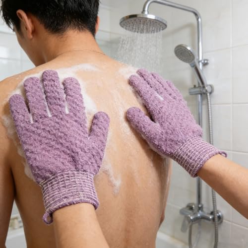 Exfoliating Bath Gloves 2 Pairs - Heavy Texture Body Scrub Gloves for Shower, Spa, Massage and Body Scrubs, Dead Skin Remover, Washing Gloves with Hanging Loop(Dark Purple) - color: Purple1