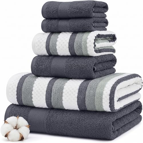 Modern Threads Pax 6-Piece Reversible Yarn Dyed Jacquard Towel Set - Bath Towels, Hand Towels, & Washcloths - Super Absorbent & Quick Dry - 100% Combed Cotton, Denim - color: Blue, style: Wide Stripe