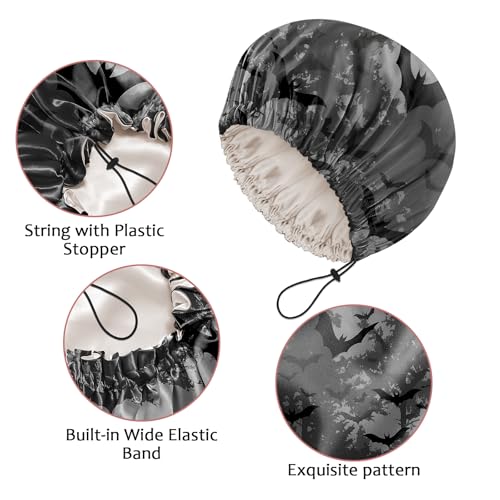 Luxury Shower Cap Satin Silk Lined Adjustable Elastic Reusable Waterproof Shower Bath Cap Cute for Women Girls-Black Bat - color: AK5-Black Bat