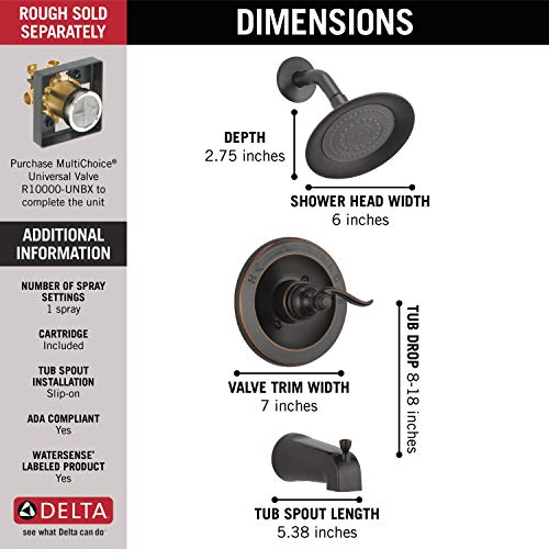 Delta Windemere 14 Series Bathtub and Shower Faucet Set, Oil Rubbed Bronze Shower Head and Handle Set, Valve Trim Kit, Oil Rubbed Bronze BT14496-OB (Valve Not Included)