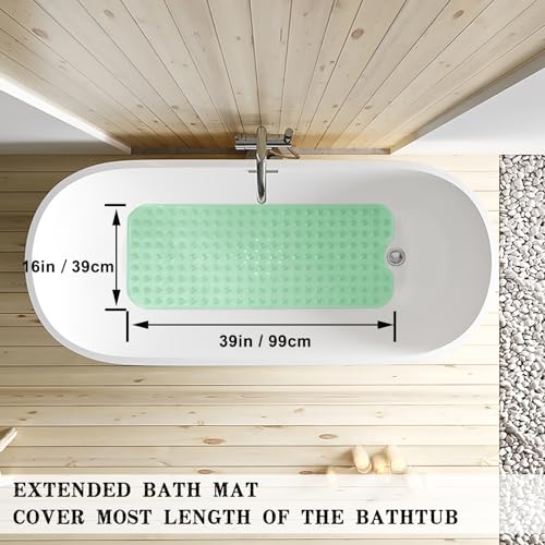 Bathtub and Shower Mats, Extra Long Non-Slip Bath Tub Mat 39 x 16 Inch, Machine Washable BathMat with Suction Cups & Drain Holes for Bathroom Floor, Clear Pale Green - color: Clear Pale Green