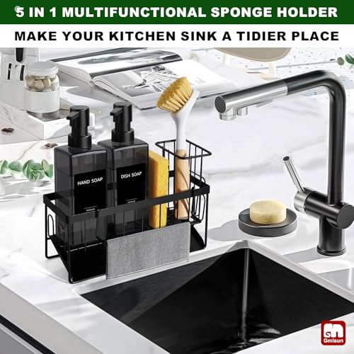 GMISUN Dish Soap Dispenser for Kitchen, 12 fl oz / 350 ml Dual Kitchen Soap Dispensers with Sponge Holder, Transparent Black Glass Kitchen Soap Dispenser Set, Modern Hand and Dish Soap Bottle Set - color: Clear Black Bottle + Black Rack