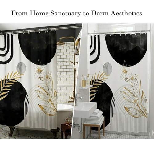 Black and Gold Shower Curtain, White Grey Abstract Art Pattern, Mid Century Modern Polyester Fabric, Cool Boho Mens Bathroom, 60x72 Inch, 12 Hooks Included - color: Black, size: 60"W x 72"L (Pack of 1)