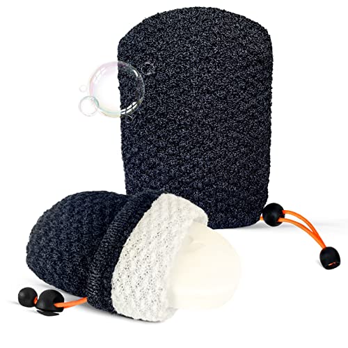 MIG4U Exfoliating Soap Bag for Shower 2 Pieces - Bar Soap Saver Pouch, Bamboo Body Scrubber Exfoliator Pocket in Travel Bathing, Black, Double Layer - style: 2 Exfoliation Levels