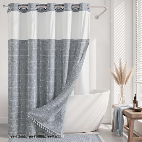 River Dream Farmhouse Blue Shower Curtain with Snap-in Liner, No Hooks Shower Curtain Set, with Tassels for Bathroom Decor,Shower Curtain and Liner with Sheer Window 71x74 Inch - color: Blue, size: 71"W x 74"L (Pack of 1)