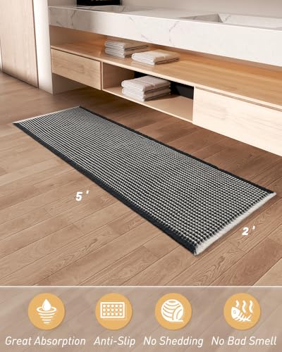 AMOAMI Upgraded Waffle Runner Rug Super Absorbent Non Slip Bath Mats for Bathroom Machine Washable Bathroom Runner Rug with Tassels, Ideal for Hallway Bedroom Laundry Room, 2' x 5', Black & Cream - color: Black & Cream, size: 2' x 5' (Runner)