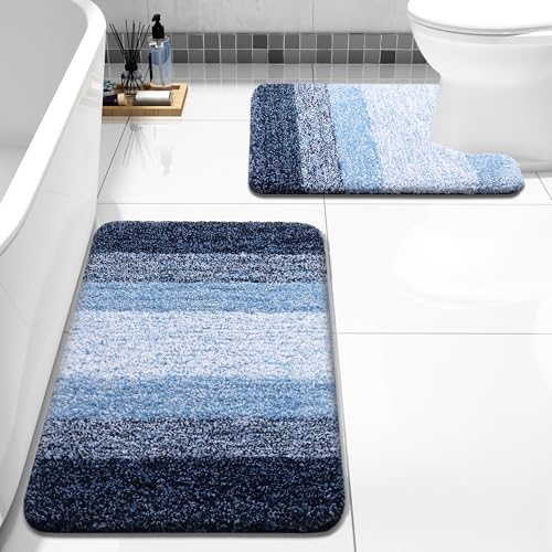 Arotive Bathroom Rugs Sets 2 Piece, Soft Absorbent Microfiber Bath Mats and U-Shaped Contour Toilet Rug, Machine Washable Dry Bath Mats for Bathroom, 24x16 and 24x20, Blue - color: Blue, size: 24" X 16" + U Shape 24" X 20"