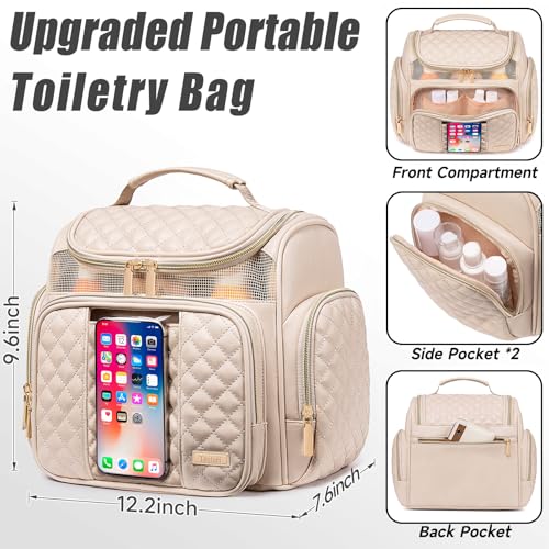 Large Leather Toiletry Bag for Women Men,Bathroom Bag,Water Resistant Shower Bag,Makeup Bag,Portable Shower Caddy for College Dorm,Hanging Travel Toiletry Bag with Transparent Waterproof Phone Pocket - color: Cream White Leather-1