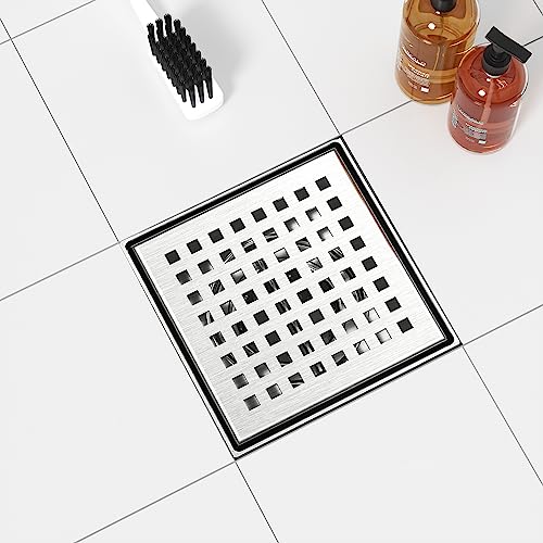 Neodrain Square Shower Drain with Removable Quadrato Pattern Grate, Brushed 304 Stainless Steel Square Drain for Bathroom, with Hair Strainer and Lifting Hook,CUPC Certified (Brushed Nickel, 4 in) - color: Stainless, size: 4 IN