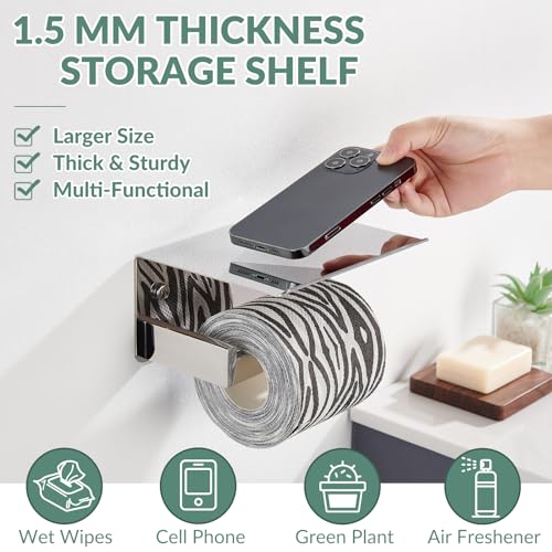 Toilet Paper Holder with Phone Shelf Polished Chrome, APLusee Bathroom Accessories 304 Stainless Steel Tissue Roll Dispenser Storage Wall Mounted - color: Polished Chrome, size: Single Rod
