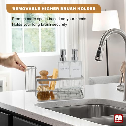 GMISUN Kitchen Soap Dispenser, 12 Fl oz/350ml Clear Dish Soap Dispenser with Silver Sponge Holder, Customized Glass Dish Soap Dispensers for Kitchen, Modern Hand and Dish Soap Dispensers Set Removable - color: Clear Bottle + Silver Rack