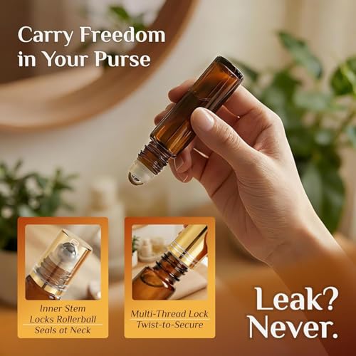 PrettyCare 60 Pack, 10 ml Essential Oil Roller Bottles with Stainless Steel Roller Ball - Bulk Refillable Leak-proof Empty Thick Amber Glass Roll on Bottles with Metal Caps for Travel, Perfume - color: Amber with Golden Cap, size: 60 Pack
