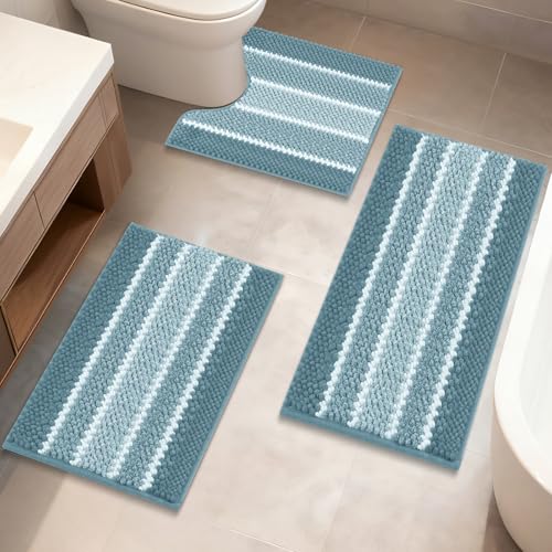 ArtyCozy Chenille Bathroom Rugs 3 Pieces, Extra Thick Absorbent Non Slip Bath Mats with U-Shaped Toilet Rug, Soft Plush Bath Floor Mat Machine Washable, Blue, 17"x24" Plus 20"x32" Plus 20"x24" - color: Blue, size: 17" × 24" + 20" × 32" + 20" × 24"