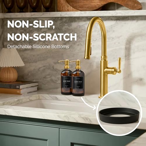 Vine Creations Amber Glass Soap Dispenser, 2 Pack Kitchen Soap Dispenser Set with Stainless Steel Pump, 16 oz Dish Soap and Hand Soap Dispensers for Bathroom with Waterproof Labels - color: Amber Bottle / Gold Pump