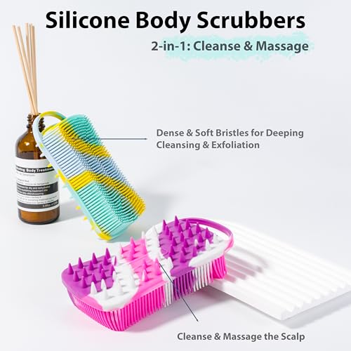 MtBoi 2 PC Silicone Body Scrubber, 2 in 1 Exfoliating Shower Bath Scrubber, Soft Silicone Loofah for Sensitive Skin, Shower Hair Scalp Massager, Easy to Clean, Lather Well (Purple & Yellow) - color: Purple&yellow