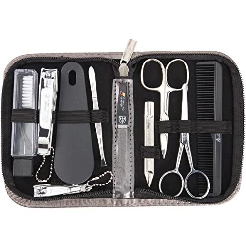 3 Swords Germany - brand quality 10 piece manicure pedicure grooming kit set for professional finger & toe nail care tweezers file clipper fashion leather case in gift box, Made by 3 Swords (01603) - color: SILVER-GREY