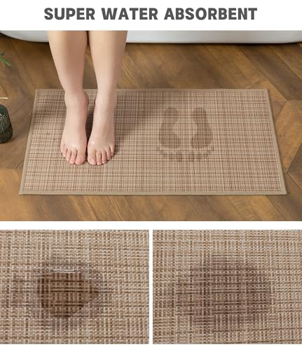 YIHOUSE Bathroom Rugs Sets 3 Pieces, Khaki Ultra Thin Bath Mats Fit Under Door, Absorbent Quickly Dry Rubber Backing Braided Bath Mat Set, Non Slip Washable Bath Rugs for Bathroom Floor, Khaki - color: Khaki Multi, size: 3pieces