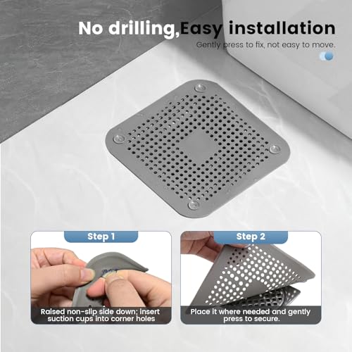 Silicone Drain Hair Catcher 2 Pack, Square Shower Drain Cover with Suction Cups, Hair Stopper for Bathroom Bathtub Sink and Kitchen, Easy to Install and Clean, Clog Preventing Strainer, No-Rust