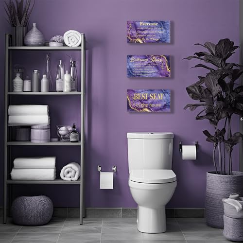 DONFENTHY 3-Piece Purple & Gold Bathroom Decor - Rules Wall Art & Signs - Best Seat in The House - Farmhouse Wooden Sign for Toilet Wall Decor (10x5") - color: Purple Gold