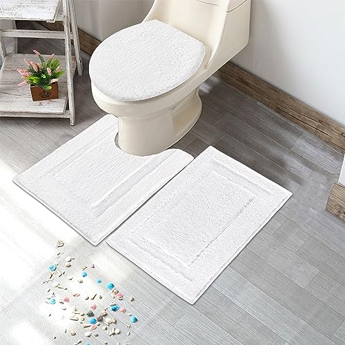 SHACOS White Bathroom Rugs Sets 3 Piece, Non Slip Soft Absorbent 16"x24" | Small Microfiber Bath Mat with Toilet Lid Cover, Shaggy Carpet U-Shaped Contour Toilet Rug, Machine Washable - color: White, size: 16"x24"+U-Shape 20"x24"+Lid Cover 19"x21"