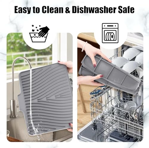 TIKNIK Silicone Dish Drying Mat for Kitchen Counter - Heat Resistant & Non-Slip Dish Drain Pad with Built-In Drain, Dishwasher Safe, Quick-Dry, Hangable & Roll-Up for Storage, Grey-1pcs, 16" x 12" - size: 16" x 12"