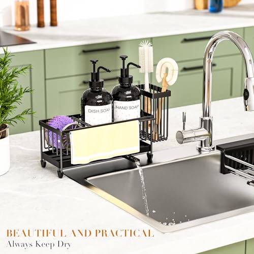 Kitchen Soap Dispenser Set with Sponge Holder and Towel Rack, 17OZ Glass Bottle, Hand and Dish Soap Dispenser Set, Non-Slip Silicone Pad, Brush Holder, Kitchen Sink Caddy Organizer Countertop (Black) - color: Black