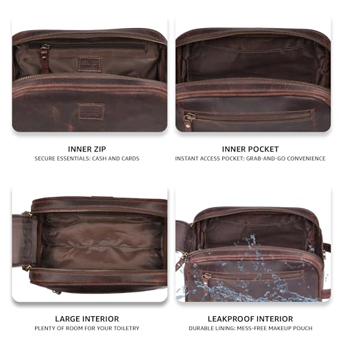 LEATHER VILLAGE Genuine Leather Toiletry Travel Bag With Waterproof Lining - Mulberry Brown | King-Size Handcrafted Vintage Dopp Kit Bag, Shaving & Bathroom Organizer, Gift for Men & Women - color: Mulberry Brown
