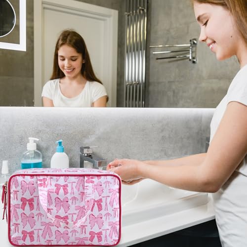 Travel Toiletry Bag for Women, Waterproof Clear Coated Portable Stripe Makeup Cosmetic Bag with Compartment, Travel Organizer for Shampoo, Conditioner, Brushes Set,Cosmetic Accessories(Pink Bow) - color: Pink Bow