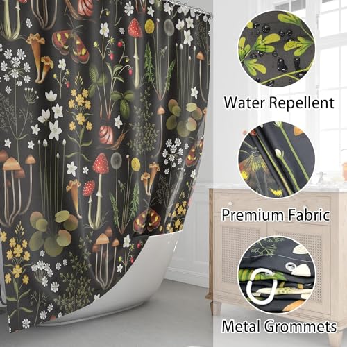 Retro Mushroom Shower Curtain for Bathroom, Fairy Forest Flowers Plants on Black Background Bath Curtains, Vintage Botanical Fabric Shower Curtain Sets with Hooks 72 x 84 - color: Red Black, size: 72"W x 84"L (Pack of 1)