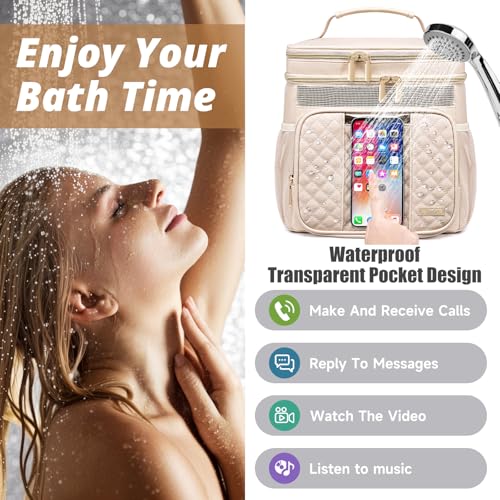 Large Leather Toiletry Bag for Women Men,Bathroom Bag,Water Resistant Shower Bag,Makeup Bag,Portable Shower Caddy for College Dorm,Hanging Travel Toiletry Bag with Transparent Waterproof Phone Pocket - color: Cream White Leather