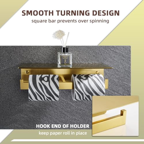 Angle Simple Toilet Paper Holder with Shelf Brushed Dark Gold, SUS304 Stainless Steel Double Toilet Tissue Holder for Wall - color: Brushed Dark Gold, size: Double Rod