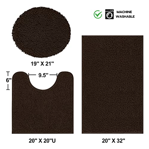 TREETONE Chenille Bath Mat 3 Piece Bathroom Rugs Set, 20x20 Inchs U-Shape Contoured Toilet Mat & 20x32 Inchs Rug & Lid Cover Water Absorbent Plush Rugs for Tub Shower & Bath Room -Chocolate Brown - color: Chocolate Brown, size: Set of 3-Medium 20" x 30"/C